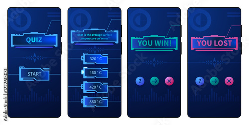 Mobile quiz app. Trivia phone interface questionnaire game template, quizzing modern UI design with question and answer choice screen. Vector guess game