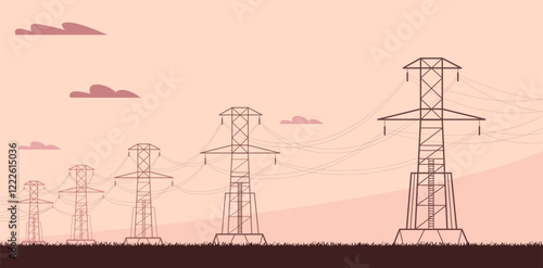 Electric power line. High voltage electricity transmission network with metal pylons and cables, industrial landscape with power supply grid. Vector energy illustration