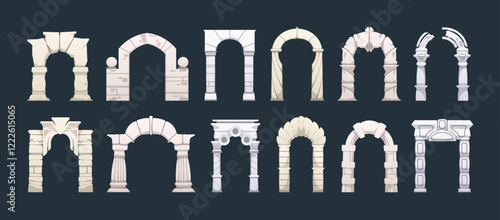 Roman arch. Antique pillar and stone gate architecture elements with columns, classic marble stone archway pillars and arches, renaissance building decor. Vector isolated set