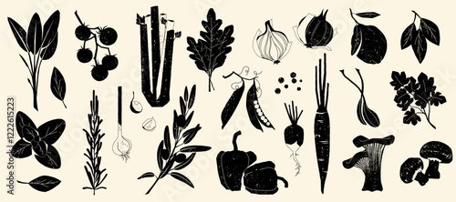 Black stamp vegetables. Retro woodcut engraved farm food icons, organic healthy products, tomato onion garlic celery pepper. Vector vegetable sketch collection