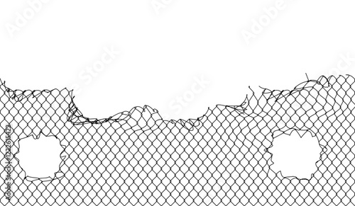 Broken metal mesh on a white background