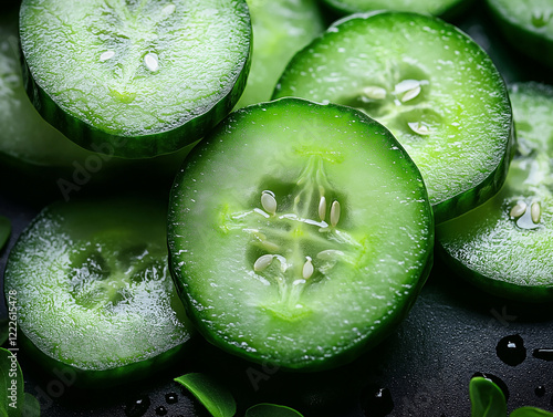 Close-up cucumber slices top view.