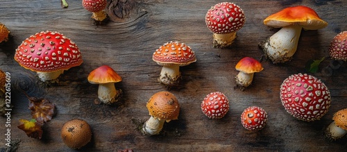 Vibrant assortment of Amanita muscaria mushrooms in red and orange on a rustic wooden table highlighting unique textures and natural beauty photo