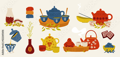 Chinese tea tradition. Tea ceremony with oriental traditional attributes, chinese culture tea time with teapot mug towel incense. Vector illustration