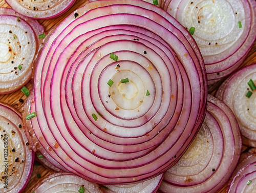 Close-up onion slices top view.
