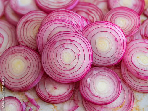 Close-up onion slices top view.
