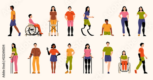 Diverse group of people with disabilities. Showing men and women in wheelchairs, prosthetics and crutches. Adaptive support. Equality and empowerment. Flat vector illustration