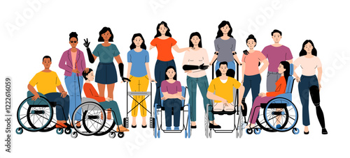 Diverse group of people with disabilities and prosthetics. Individuals standing, sitting in wheelchairs showing inclusion and empowerment. Cartoon vector illustration