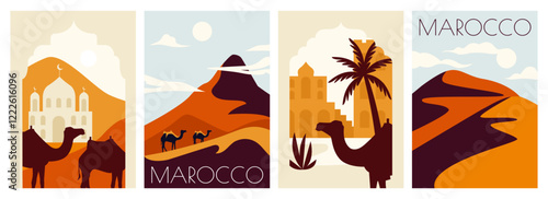 Morocco poster. Marrakesh desert vertical flyers, morrocan arabic traditional ornament, islamic country sightseeing, Morocco tourism guide, muslim postcard design. Vector set