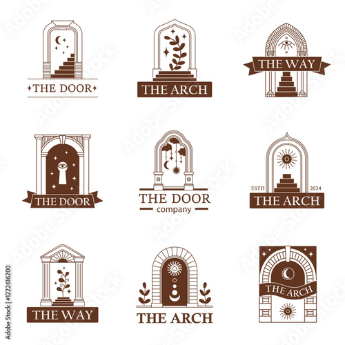 Arch door logo. Linear frame luxury gate entrance icons, vintage arc doors classic line symbols with boho mystic spiritual esoteric symbols. Vector arches set