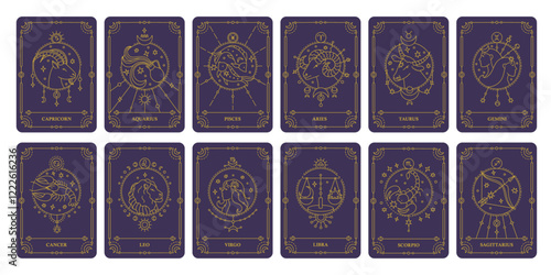 Astrology card. Zodiac signs with abstract astrological linear frames, horoscope constellation emblem set decorative borders and mystic symbols. Vector isolated collection