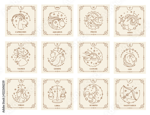 Astrology sign. Zodiac constellation symbols with horoscope icons, abstract astrological minimal line logo for calendar print, esoteric astrology concept. Vector set