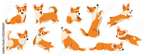 Cute corgi dog. Cartoon funny puppy, adorable doggie domestic animals in different cutie poses and situations, comic welsh dogs mascots. Vector flat set