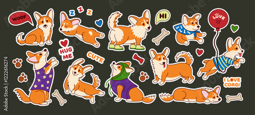 Cute corgi stickers. Funny welsh puppy dog with different poses and emotions, cartoon adorable canine characters for kid print design. Vector isolated doggy set