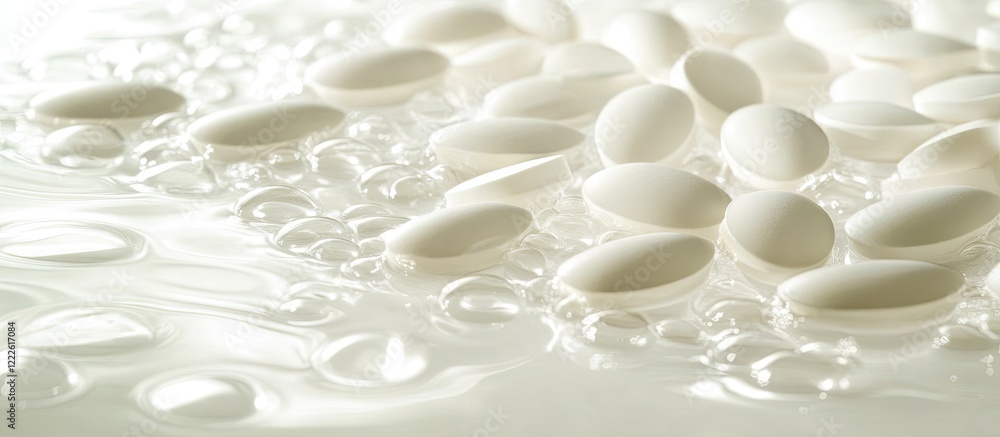 White capsules scattered on a glossy surface reflecting light against a clean white background with water droplets creating an elegant arrangement. White capsules scattered on a glossy surface reflecting light against a clean white background with water droplets creating an elegant arrangement.