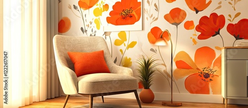 Bright modern living room with cream walls, bold orange and yellow floral decor, cozy white chair with orange cushion, and potted plant in corner. photo