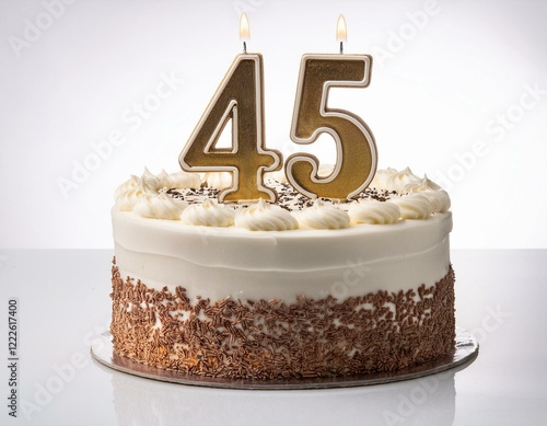 Decorated white cake for birthday or anniversary party, candle number 45, white background photo