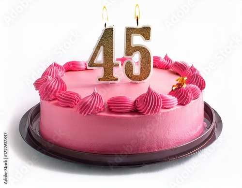 Decorated pink cake for birthday or anniversary party, candle number 45, white background photo