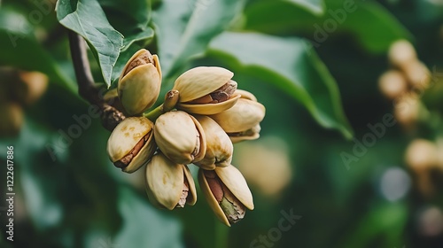 Close up pistachio nuts on tree branch with bokeh background