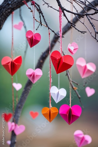 Hanging Paper Hearts on Tree Branches Romantic Valentine's Day Decoration