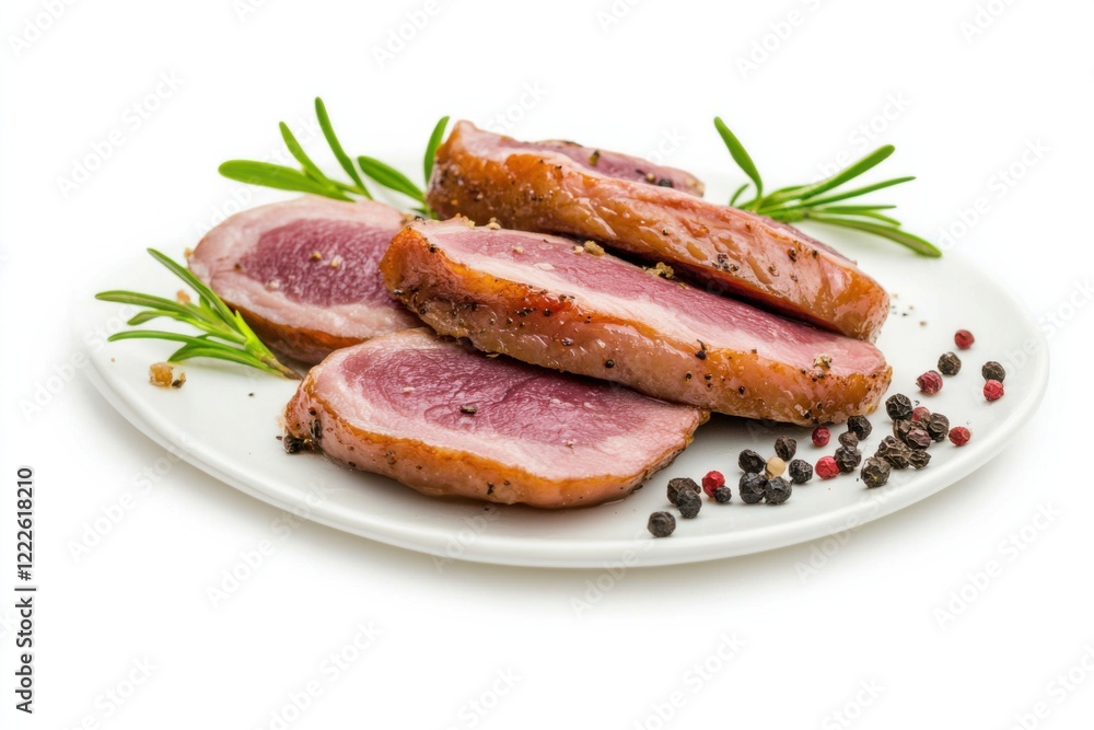 Appetizing slices of succulent goose meat garnished with fresh herbs on a clean white plate Appetizing slices of succulent goose meat garnished with fresh herbs on a clean white plate