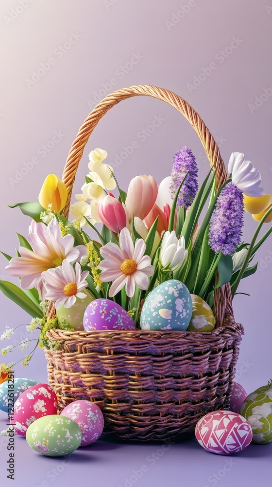 Obraz premium Vibrant spring basket filled with colorful flowers and decorated eggs for Easter celebration