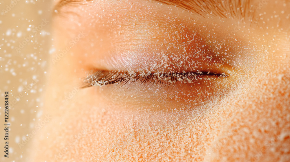 Fototapeta premium A close-up angle showcasing serene facial contours under a fine layer of sand, highlighting warmth,
