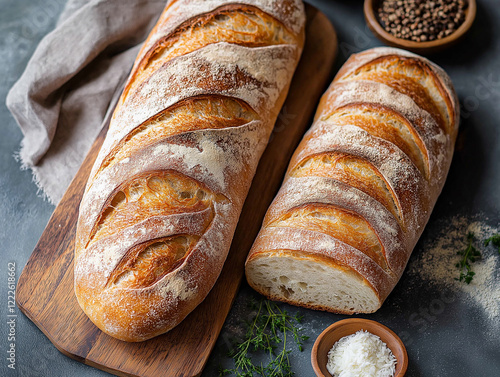 Crispy baguette bread. Bakery photography.