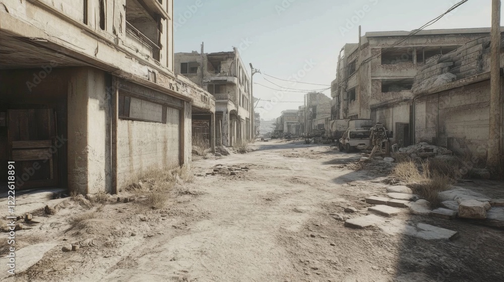 Desolate street in war-torn city, showing ruined buildings, rubble, and overgrown vegetation.