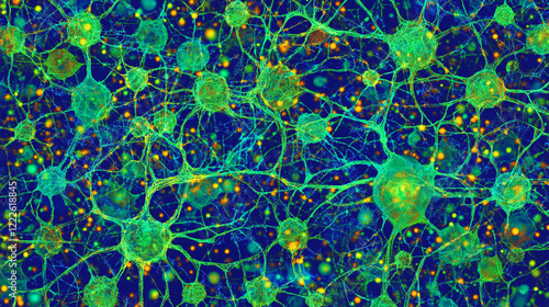 Neural Cosmos: Microscopic View of Brain Cell Networks in Fluorescent Green and Yellow photo