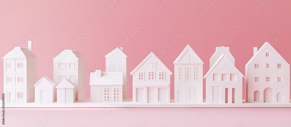 White 3D building models arranged in a row on a soft pink backdrop creating a striking visual contrast and enhancing architectural appeal White 3D building models arranged in a row on a soft pink backdrop creating a striking visual contrast and enhancing architectural appeal