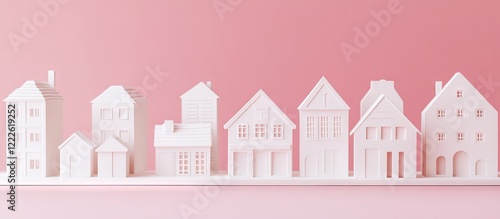 White 3D building models arranged in a row on a soft pink backdrop creating a striking visual contrast and enhancing architectural appeal