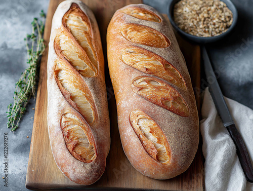 Crispy baguette bread. Bakery photography.