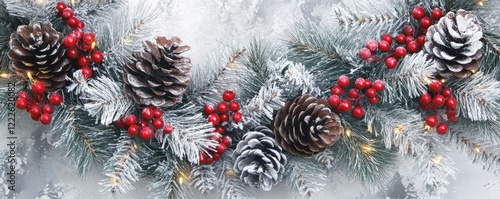 Snow-dusted pinecones and red berries on frosty evergreen branches