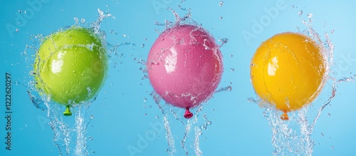 Three colorful water balloons in midair, green pink and yellow, splashing against a light blue background for a lively playful scene