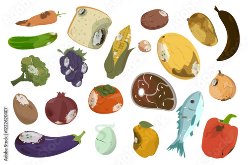 Rotten food set vector isolated. Collection of expired products. Moldy fruits and vegetables. Damaged meat, fish and bread. Organic waste. Spoiled corn, carrot and cucumber.