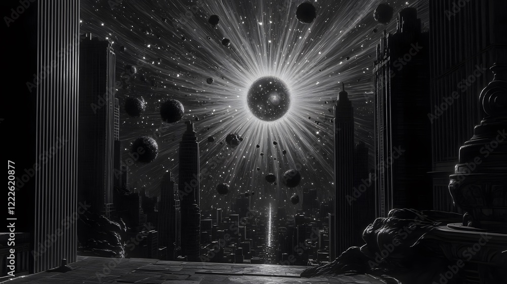 Obraz premium Monochromatic Futuristic Cityscape with Celestial Event