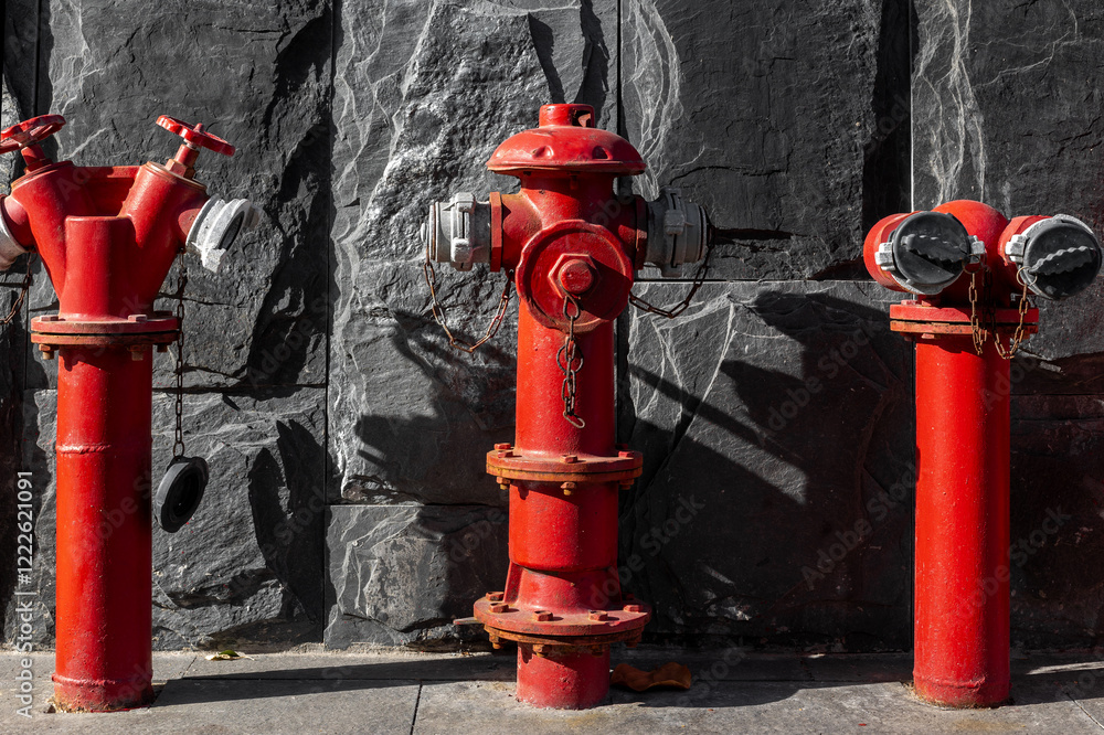 Red fire hydrants against stone wall in sunlight Red fire hydrants against stone wall in sunlight