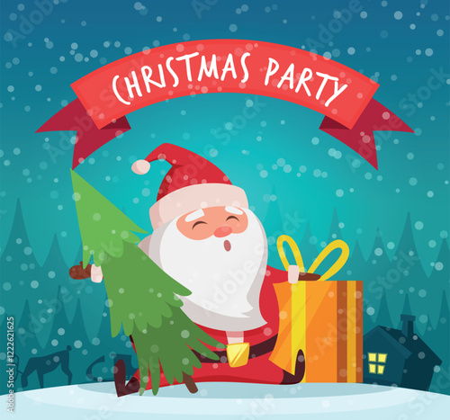 Christmas party. background with santa and present boxes. vector colored gifts for kids