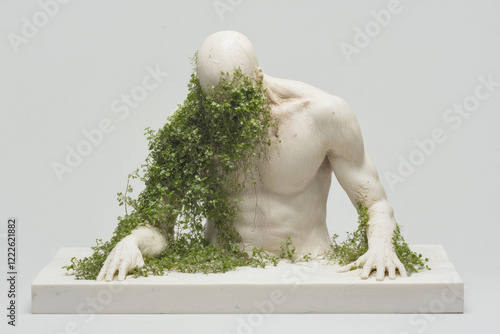 A dramatic composition showing a living human sculpture overrun by greenery, half-embedded in a smoo photo