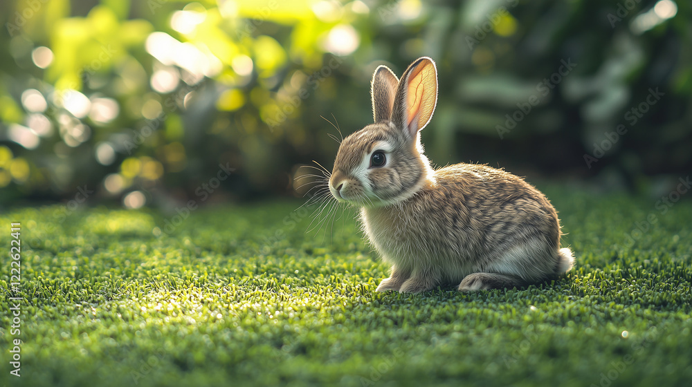Obraz premium bunny easter brown rabbits, cute baby rabbit on green garden nature background. The Easter brown hares. Close - up of a rabbit. Symbol of easter festival animal.