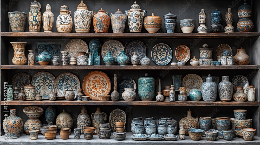 Antique Pottery Collection on Wooden Shelves Antique Pottery Collection on Wooden Shelves