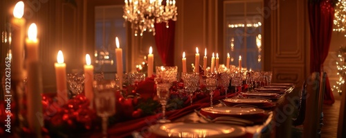 Elegant candlelit dinner table with crystal glasses and festive decor in warm ambiance