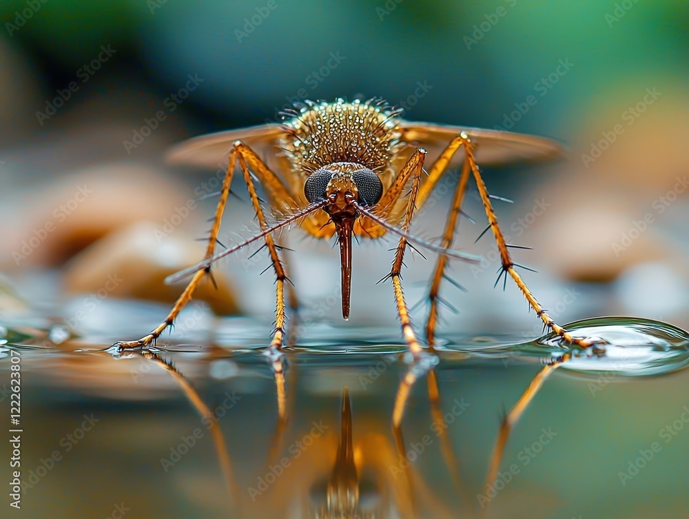 Fototapeta premium Dramatic Mosquito Hovering Over Shimmering Pond with Reflections and Contrasting Lighting