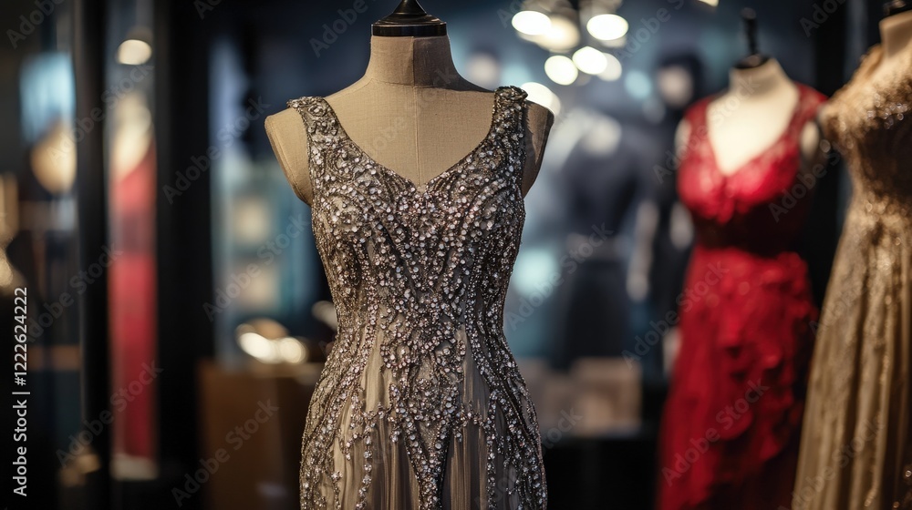 Obraz premium A 1920s flapper dress with intricate beadwork displayed on a mannequin