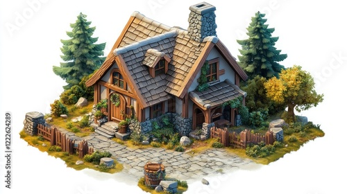 Charming Isometric Cottage with Stone Pathway and Greenery on Isolated White Background