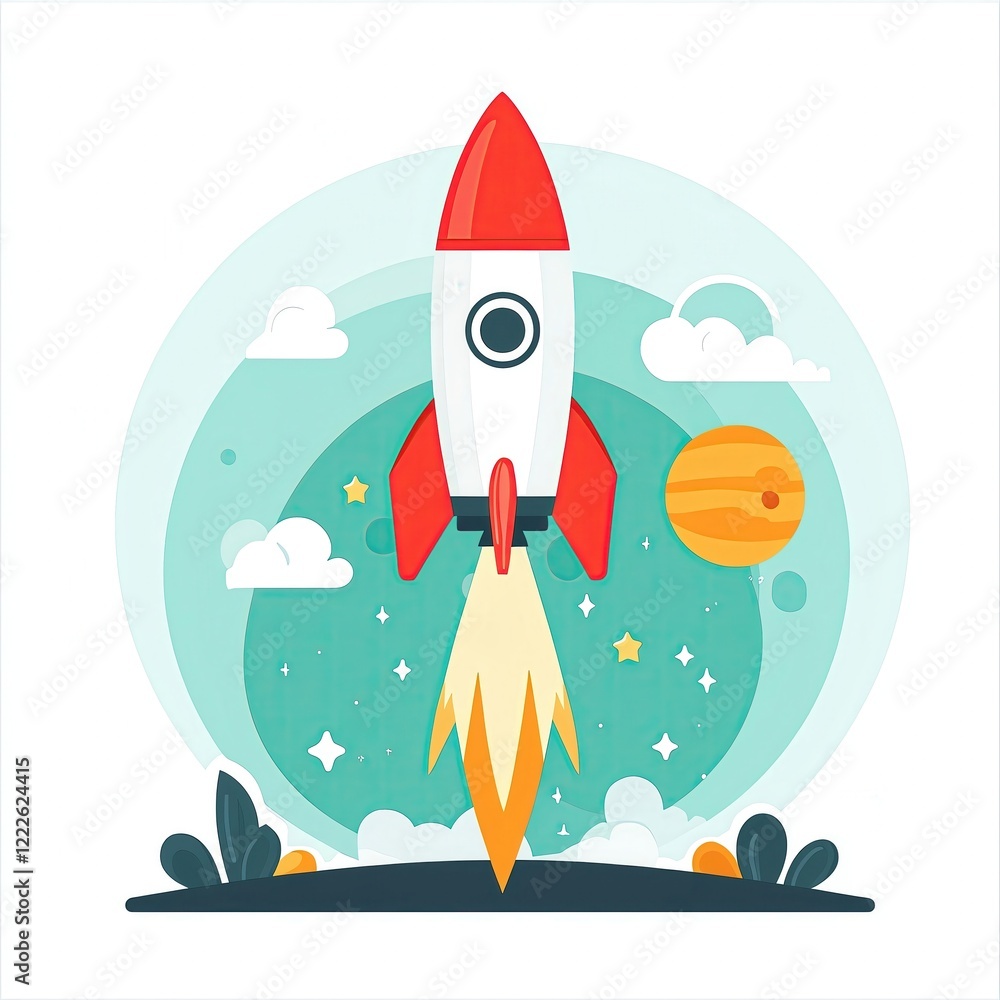 Fototapeta premium Rocket launching into space, colorful digital art, white background