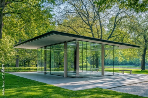 Wallpaper Mural A minimalist pavilion in a serene park setting, with clean glass walls and a flat roof supported by slender columns Torontodigital.ca