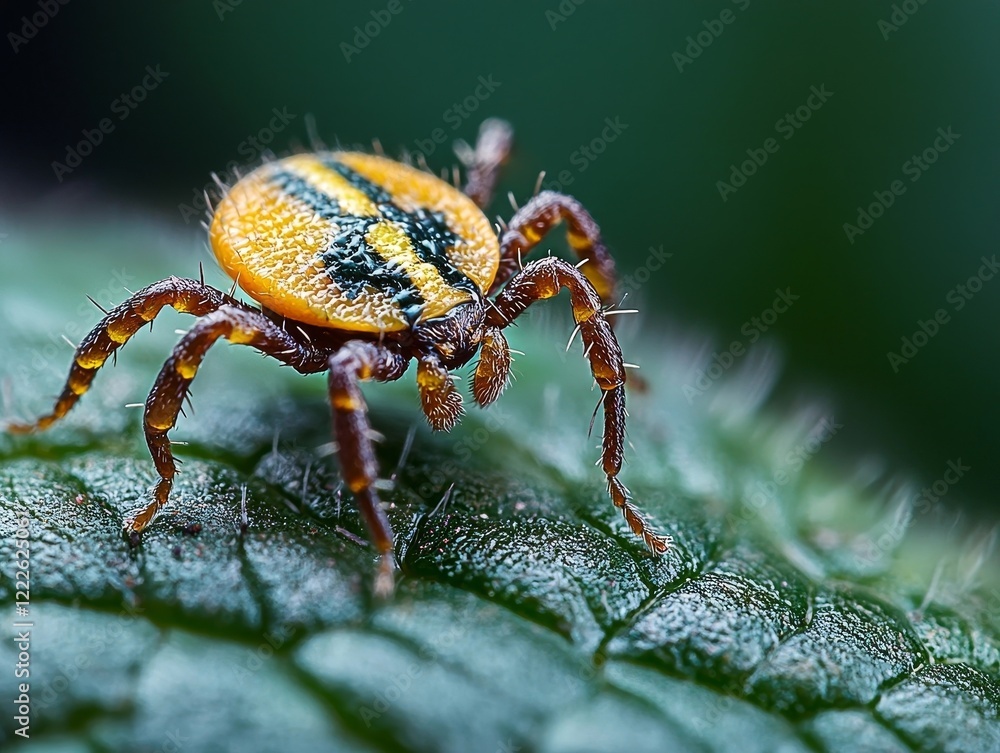 Hyper Detailed Tick Burrowed on Earthy Leaf Blade Showcasing Microscopic Features Hyper Detailed Tick Burrowed on Earthy Leaf Blade Showcasing Microscopic Features