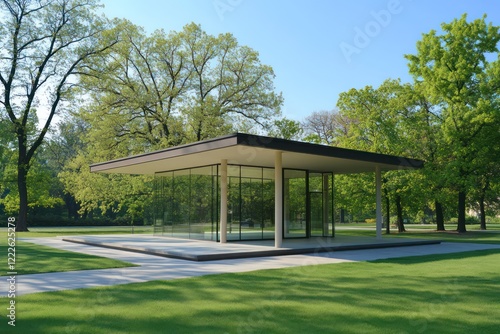 A minimalist pavilion in a serene park setting, with clean glass walls and a flat roof supported by slender columns photo